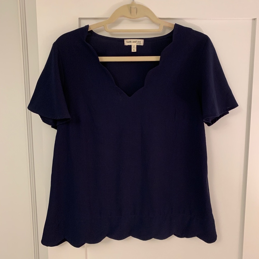 Blue Scallop Neck Blouse - Faith & Joy - Small